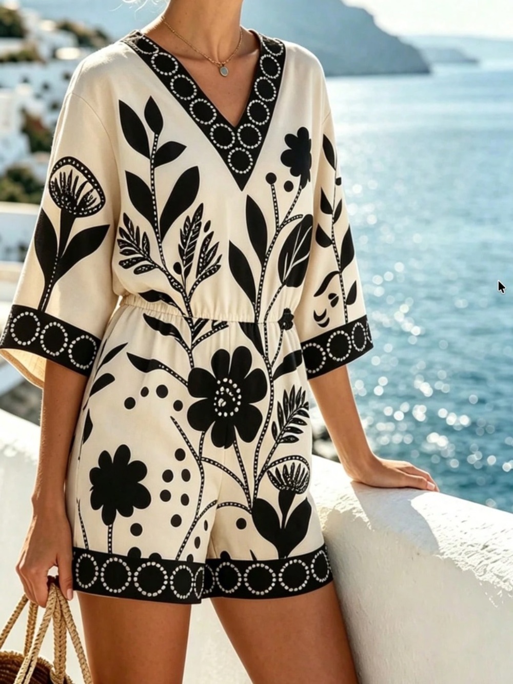 Classic Floral Print V neck Short Sleeve Romper - Picture 1 of 5